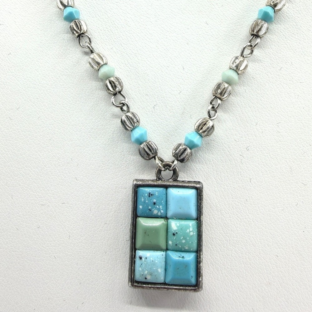 Necklace Vintage Silver Tone Turquoise Color Mosaic Rectangle Pendant Beaded 90s